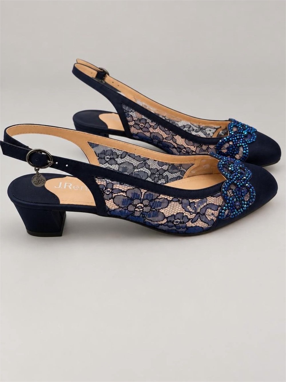 J.Renee Navy Lace Slingback Heel with Beaded Toe New in Box 8 WW